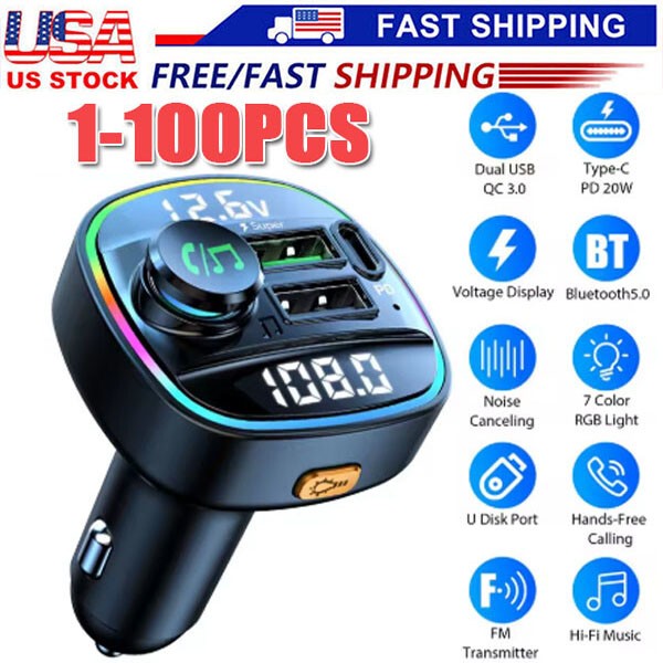 Bluetooth 5.0 Car Wireless FM Transmitter Adapter USB PD Charger AUX Hands LOT