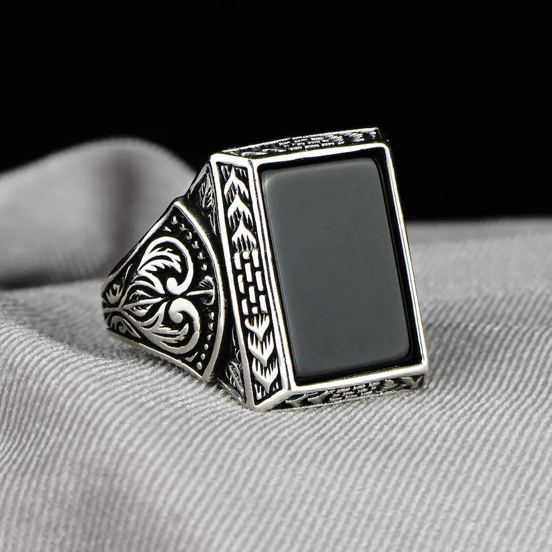 Mens Sterling Silver Black Onyx Rectangular Statement Ring 925 Silver Ring.