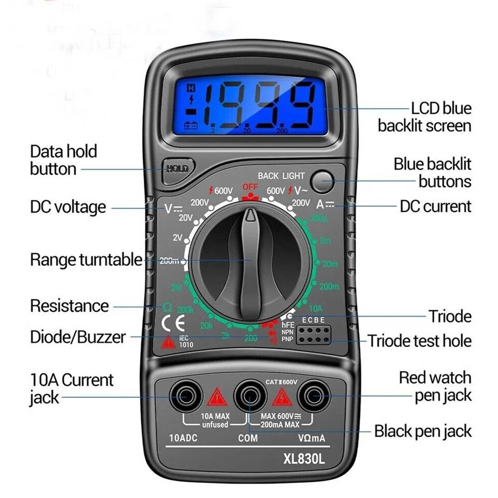 Multifunction Digital Multimeter 1999 Counts AC/DC Volt Current Ohm Tester Meter