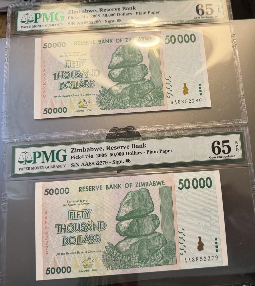 ✨ Zimbabwe 2008 50,000 Dollars — Gem Uncirculated Sequential Pair ✨