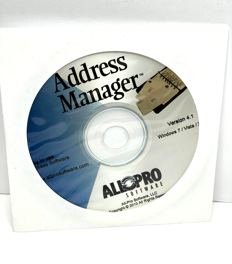 ALL-PRO ADDRESS MANAGER PC SOFTWARE CD-ROM VERSION 4.1 WINDOWS 7 VISTA XP 2010