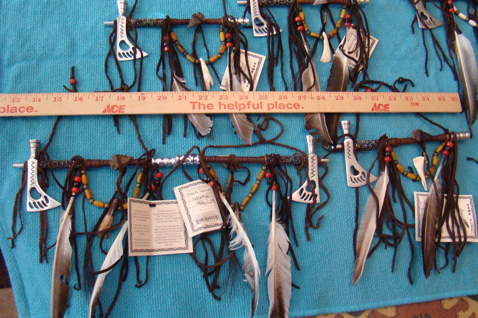 1-ONE Navajo Peace pipe 8" Long w/2 six" feathers, different color beads Works!!