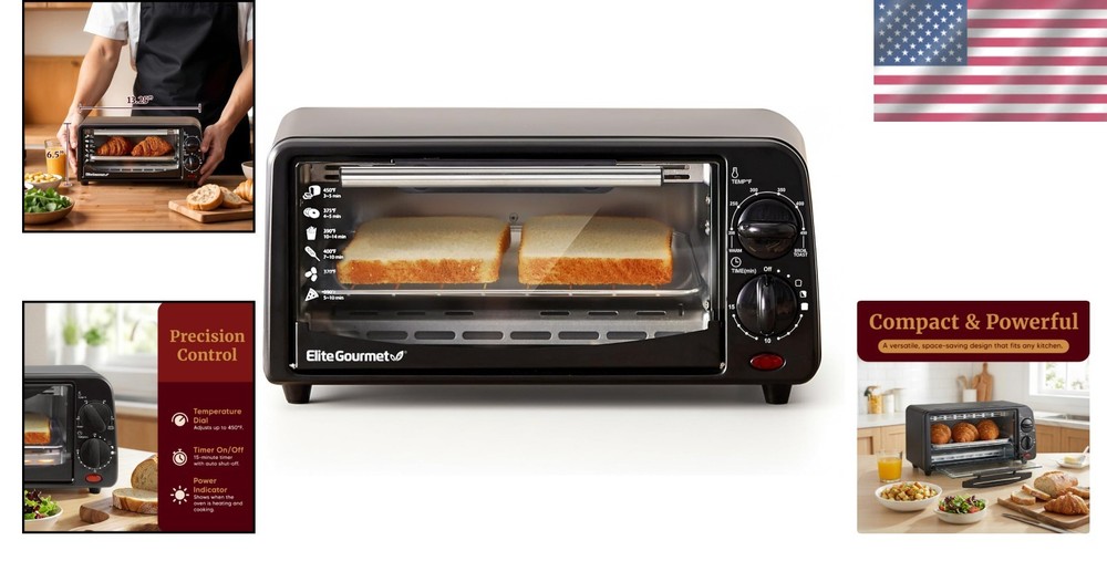 Portable Toaster Oven, Adjustable Temp & Timer, Black