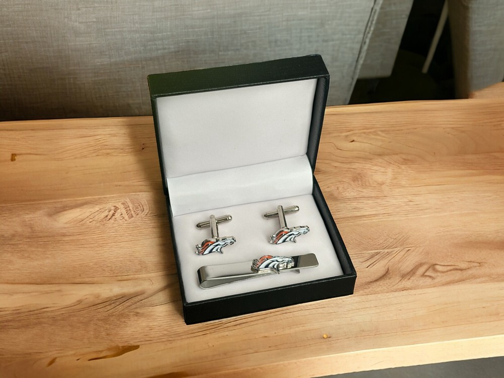 Denver Broncos Cufflinks, Tie Clip, Or Complete Set