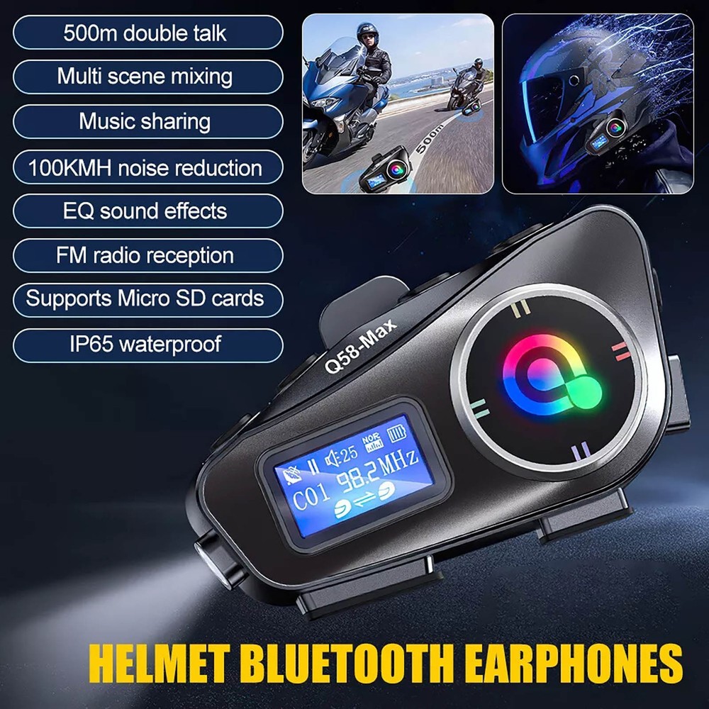 New 1000mAh Waterproof Bluetooth Headset Motorcycle Intercom Helmet LCD