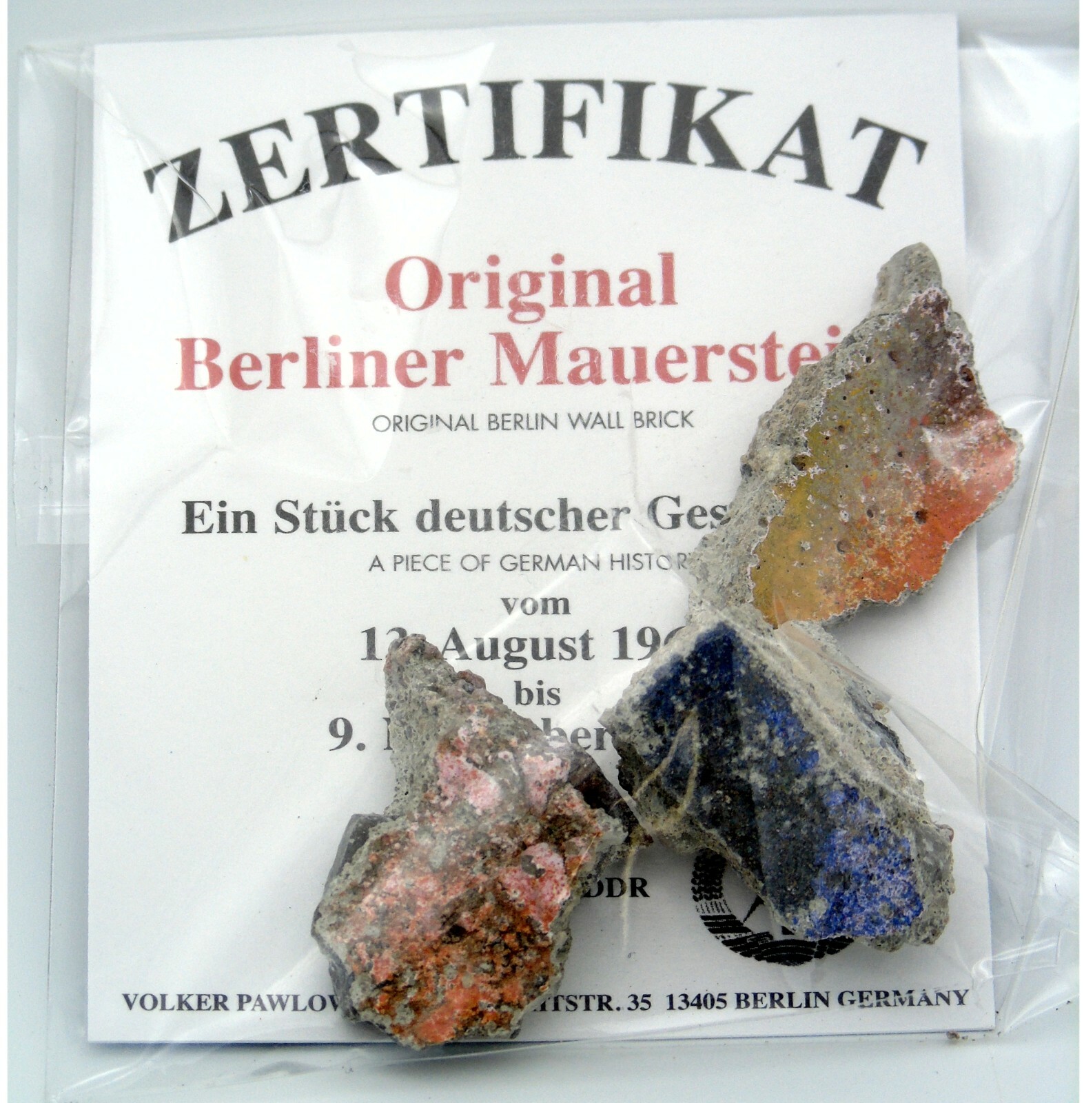 Real Piece of the BERLIN WALL with Certificate of Authenticity, Small