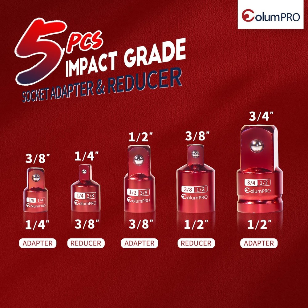ColumPRO 5PCS Impact Socket Adapter Set, Converter & Reducer, 1/2
