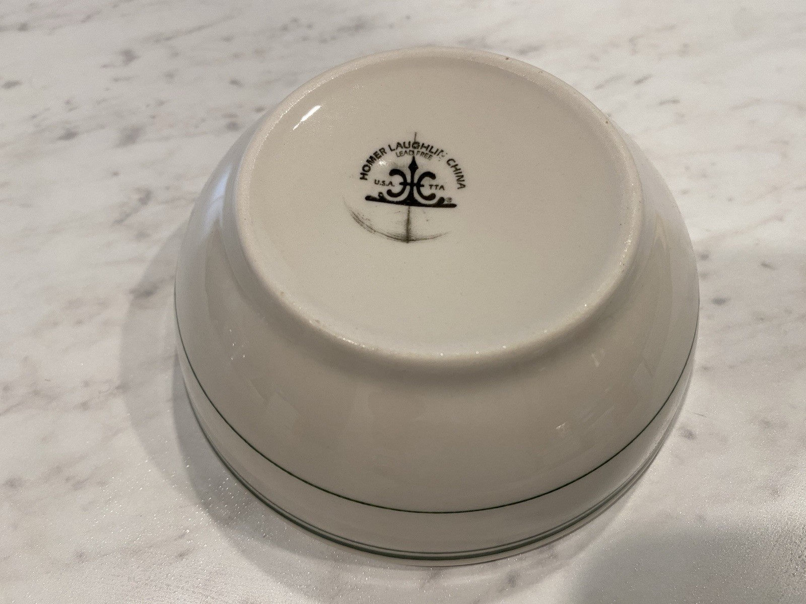 6 Each - 2005 Homer Laughlin Quality 5 1/8” 12.25 Z Green Band Ivory Nappy Bowls