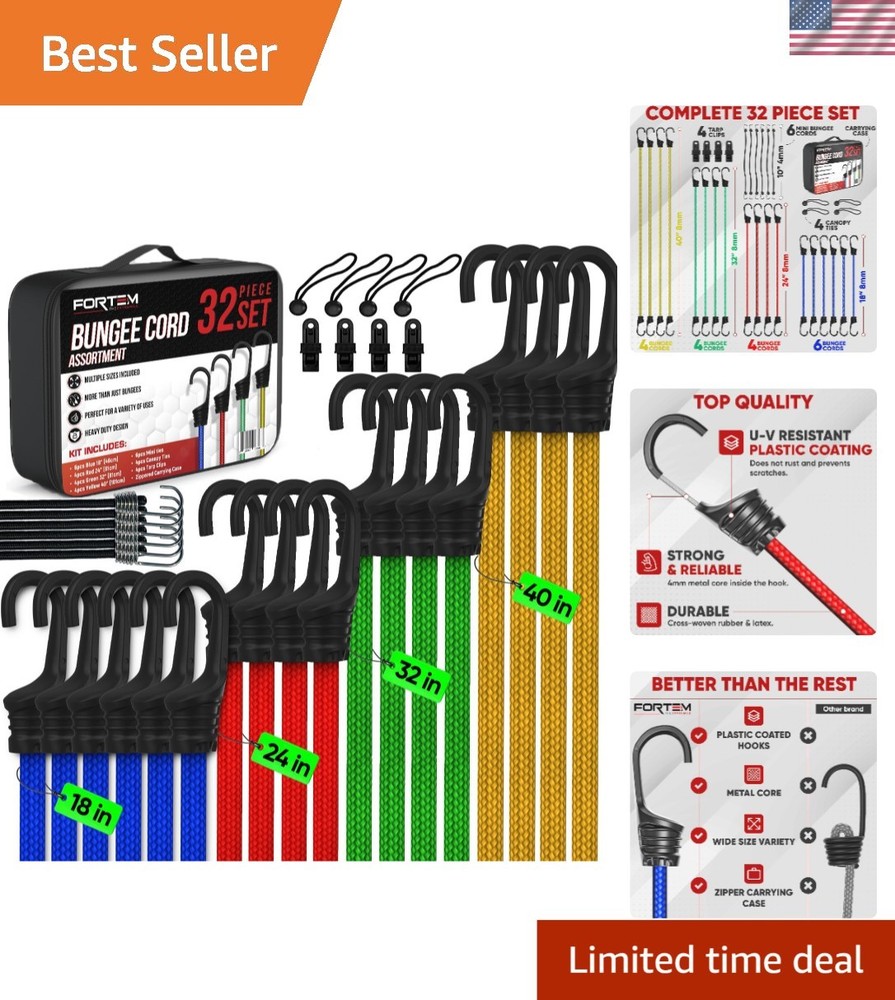 Complete Bungee Cord Set: 32-Pack with Heavy-Duty Hooks & Easy Storage Solution