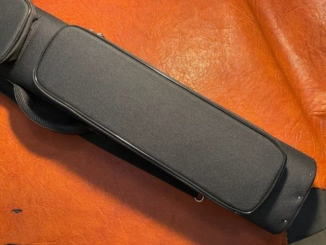 TNT 3x5 Black Nylon Pool Cue Case. Blue interior. Back Pack Straps.