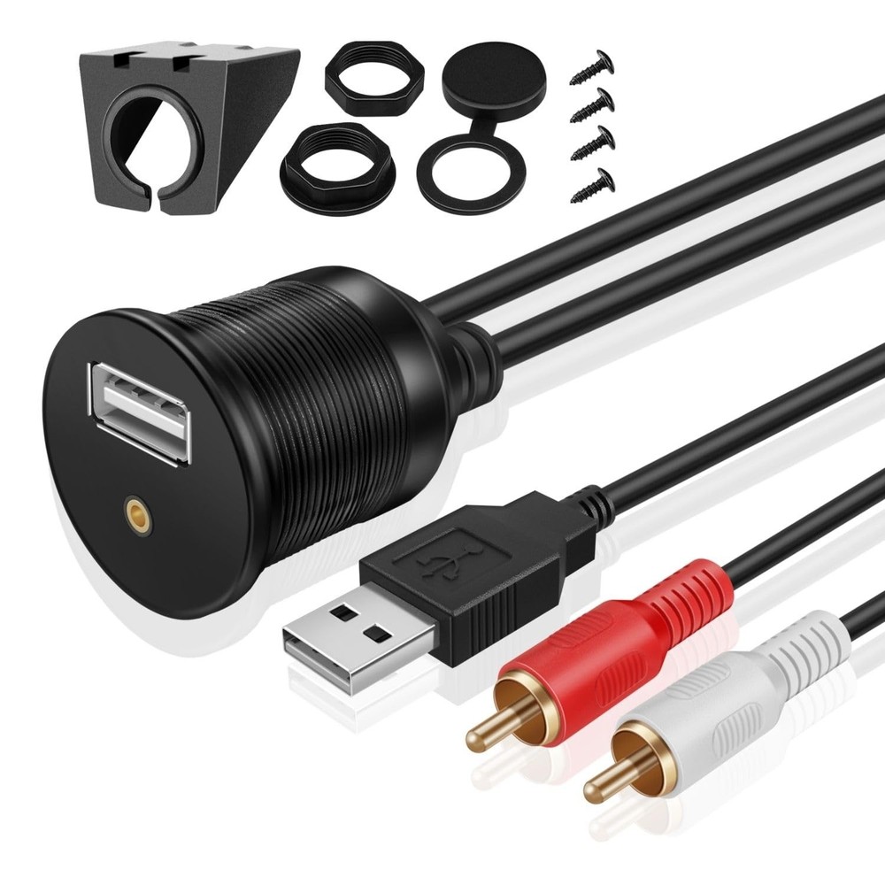 TNP USB RCA Flush Mount Cable - Dashboard Panel Dash 6 ft, Black, Round