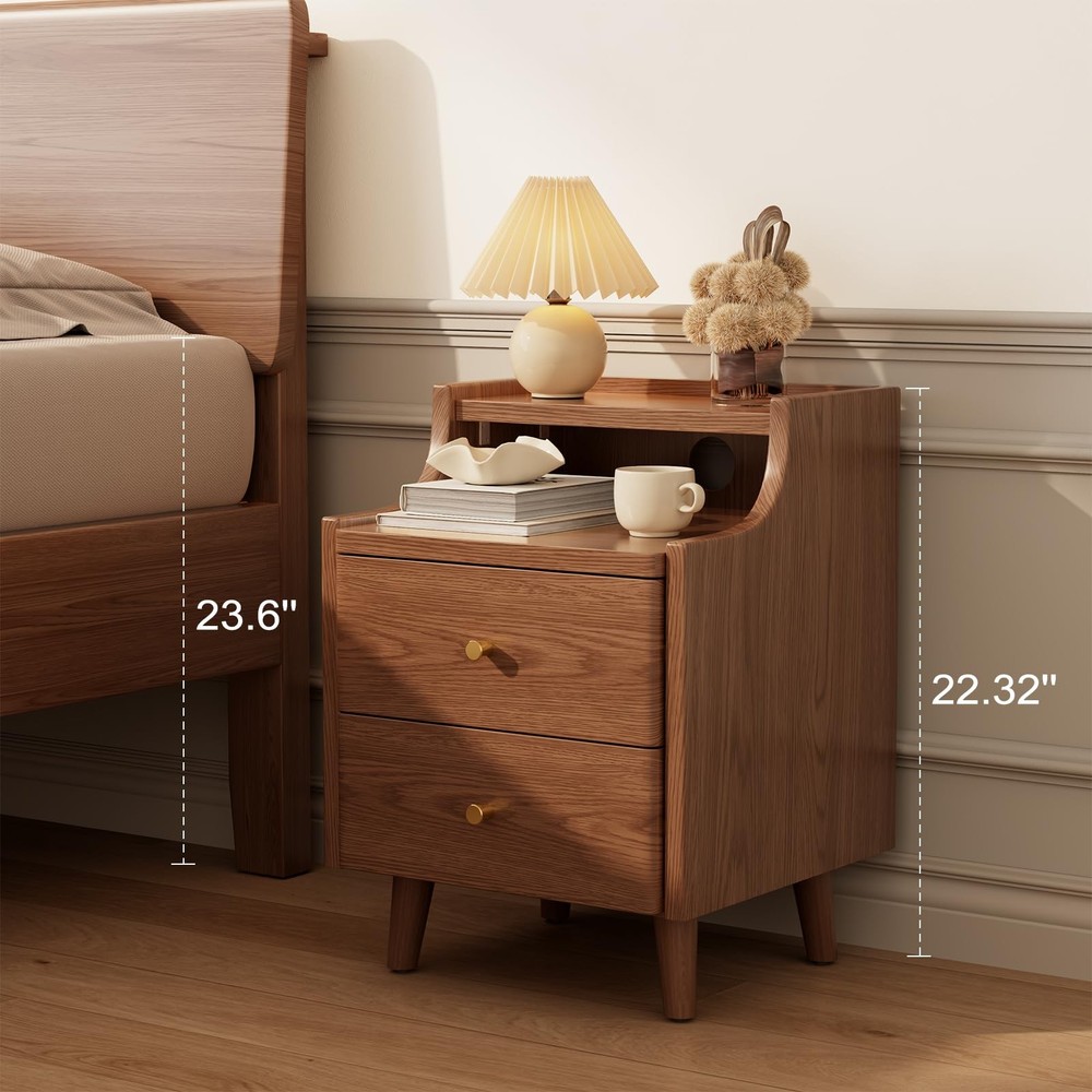 Narrow Nightstand with 2 Drawers,Walnut Nightstand,Bedside Table,Solid Wood M...