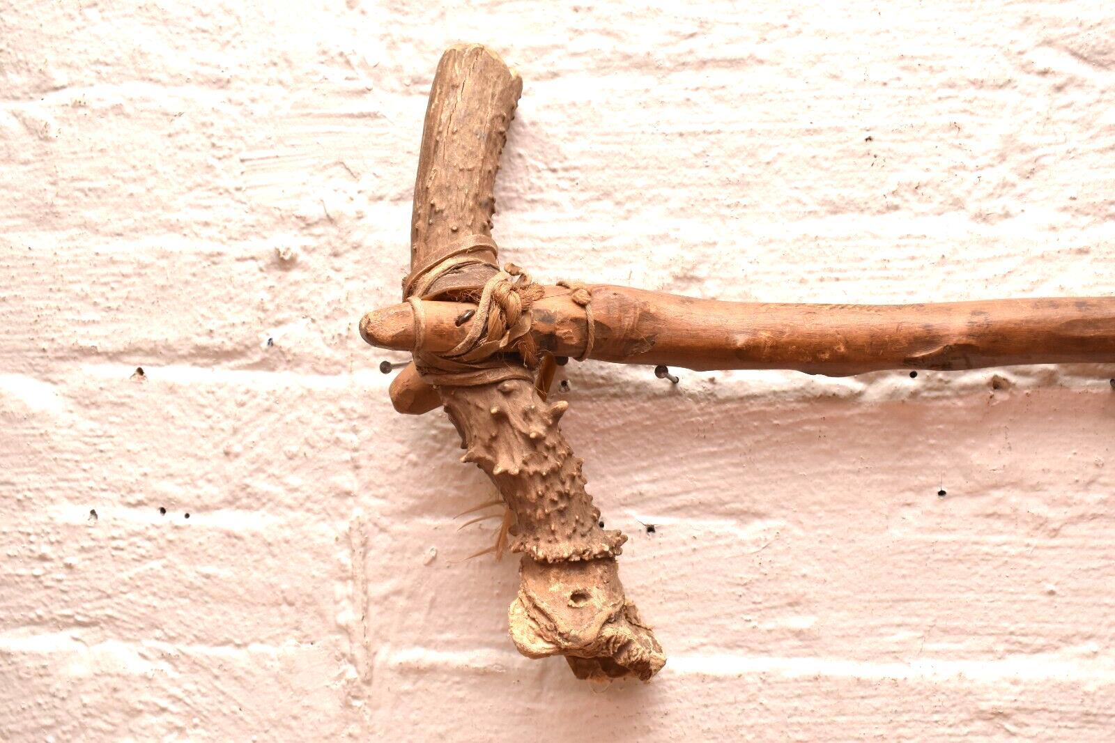 Antique Native American Indian Plains carved Wood W ANTLER war club Axe Tomahaw