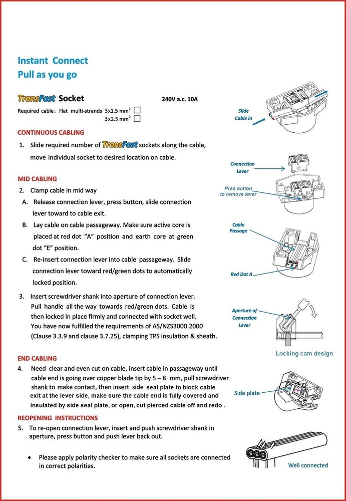Surface Socket Fast Connect 10A AMP Quick Connect 240v 3 Pin Fan Plug Base 1.5mm