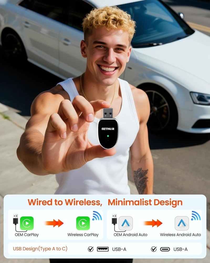 GetPairr Mini 2-in-1 Wireless Adapter for CarPlay & Android Auto Plug & Play