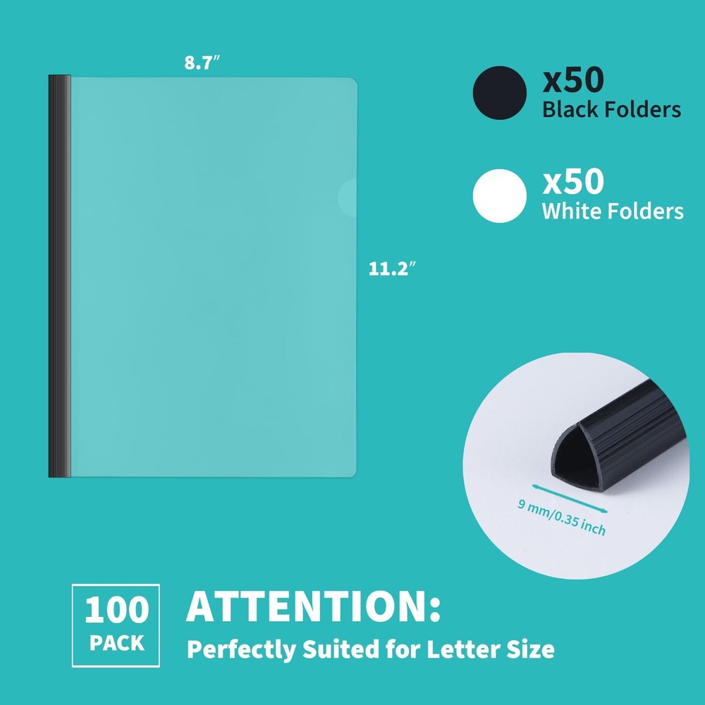 Binditek 100 Pack Clear Report Covers with 9mm Sliding Bars, 70 Sheet Capacity,