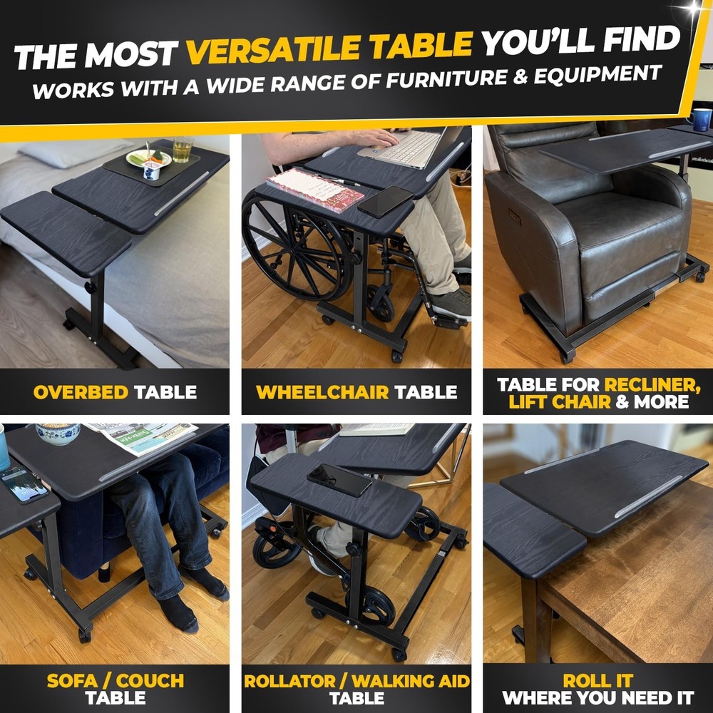 Recliner Table, Over the Bed Table with Wheels, Adjustable Width & Height, wi...