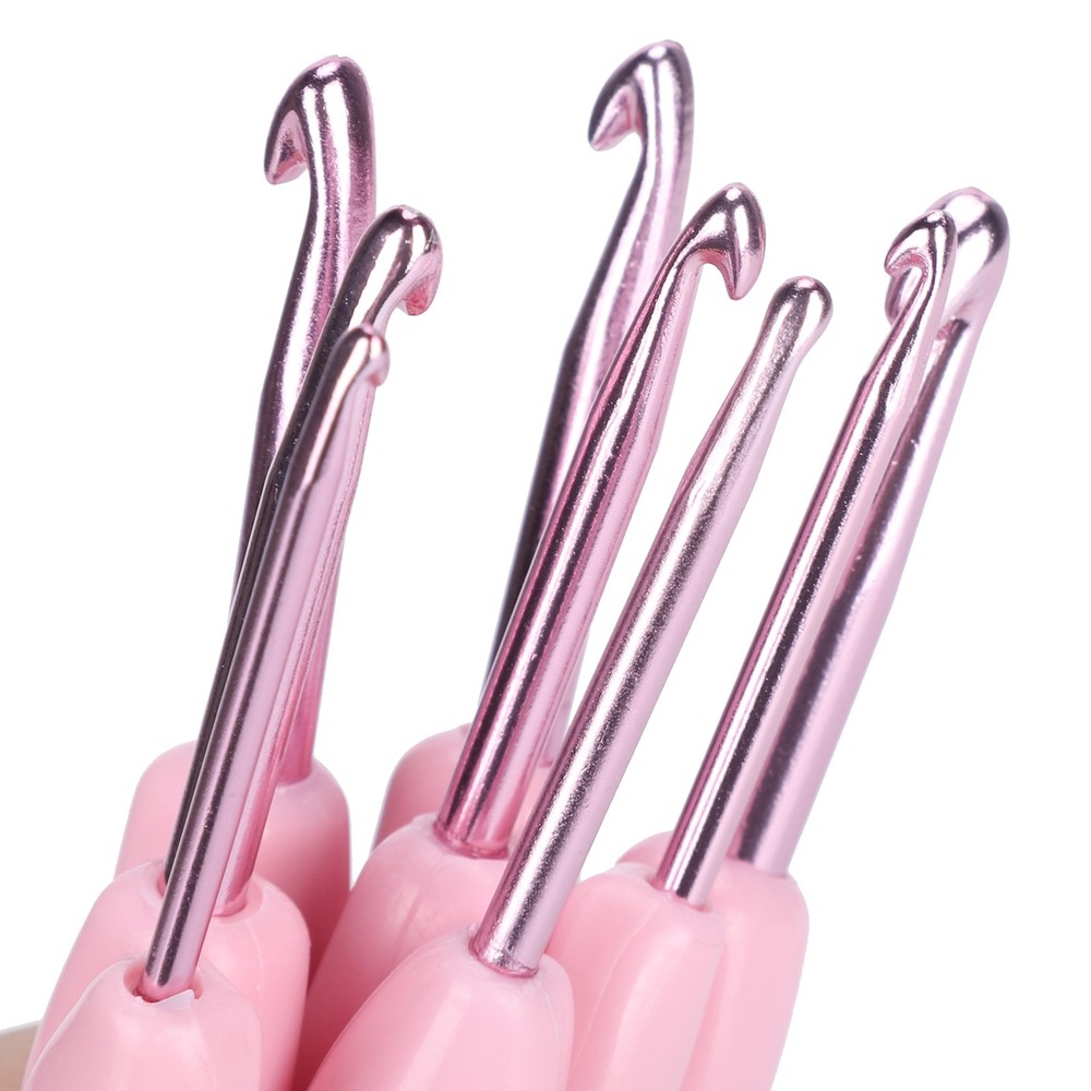 Pink 8Pcs Crochet Hook Thread Knitting Tools ABS Plastic Handle Ergonomic