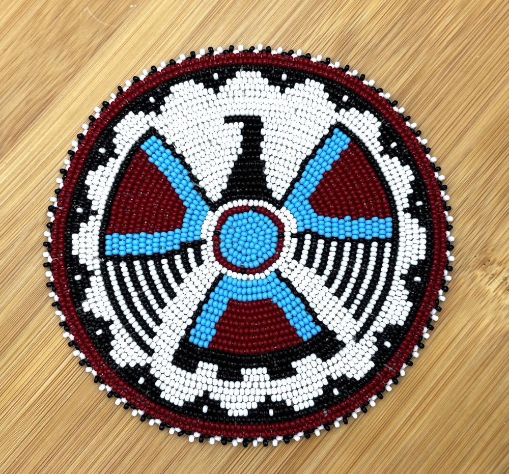 Handmade beaded 5 inch Thunderbird White Red rosette