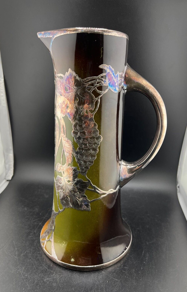 ANTIQUE LENOX MONOGRAM SILVER OVERLAY GRAPE LEAF PITCHER
