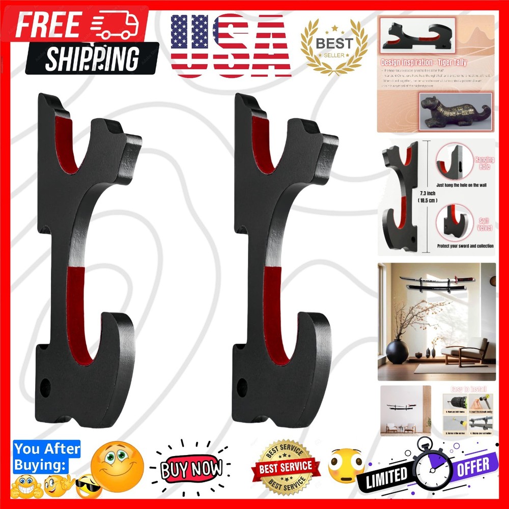 2/Set Sword Hook Wall Mount Samurai Sword Hanger Display Holder Adjustable fo...