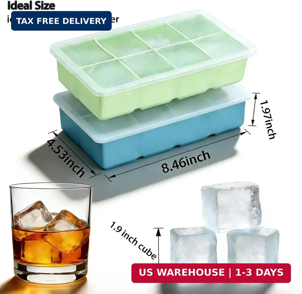 Large Square Ice Cube Molds (2-Pack),Silicone Ice Cube Trays for Freezer with Li