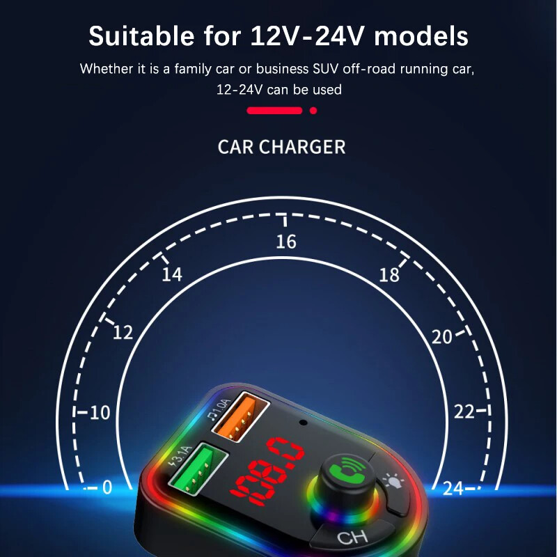 Car Bluetooth 5.3 FM Multifunction Adapter Dual USB Port Quick Charge Adapter