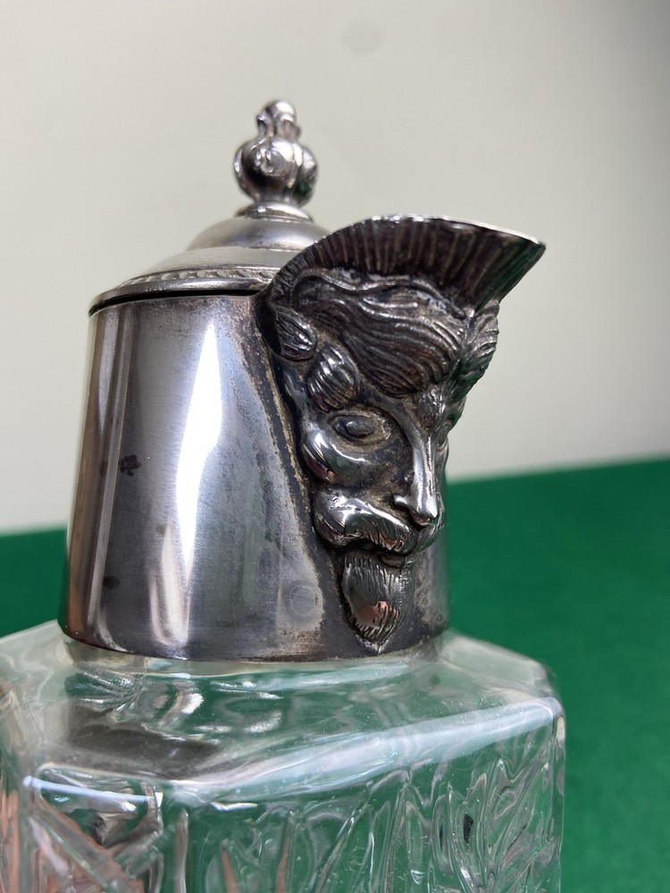 Silver Plated Small Rectangular Cut Glass Decanter Claret Jug Bacchus Face