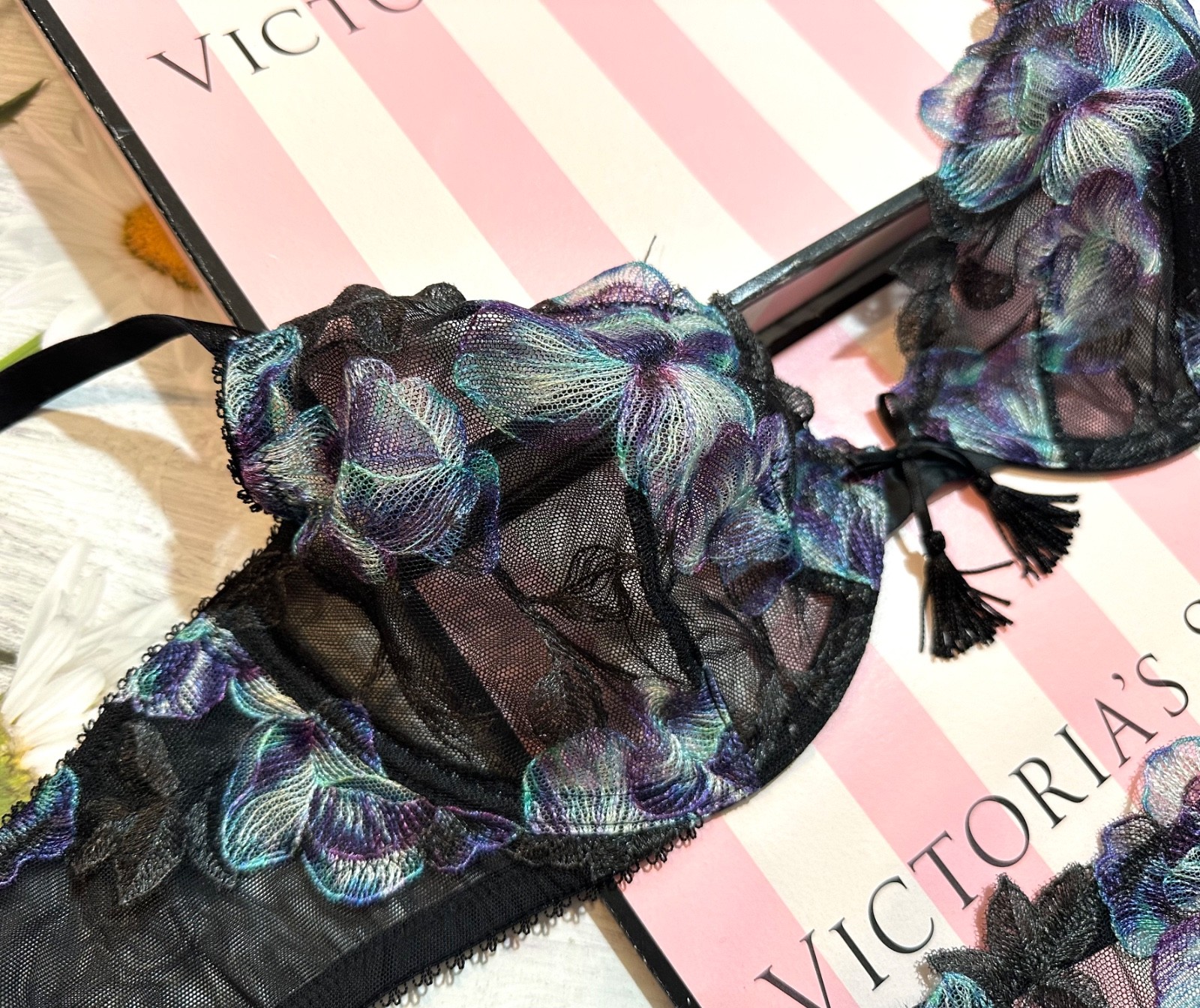 Victoria's Secret Black Electric Orchid Embroidery Unlined Demi Bra Garter Set