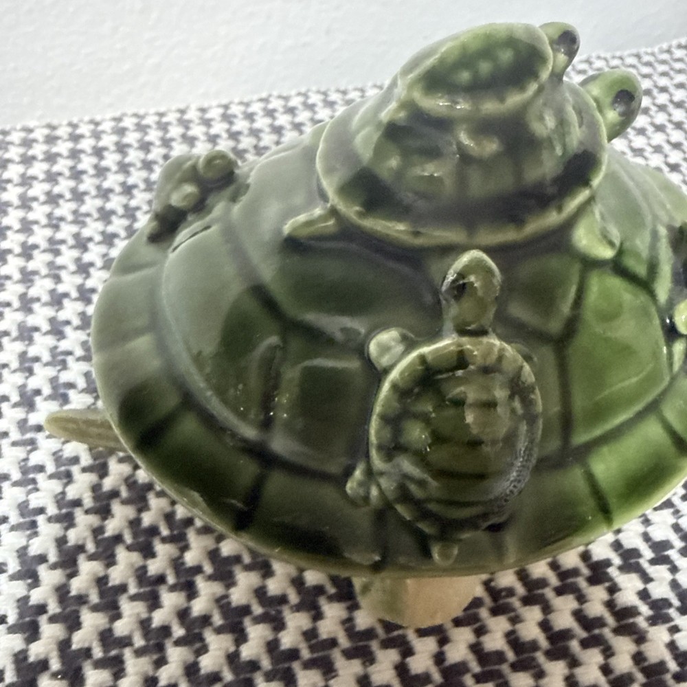 Vintage Ceramic Green Glazed Bobble Head Turtle 3” Long