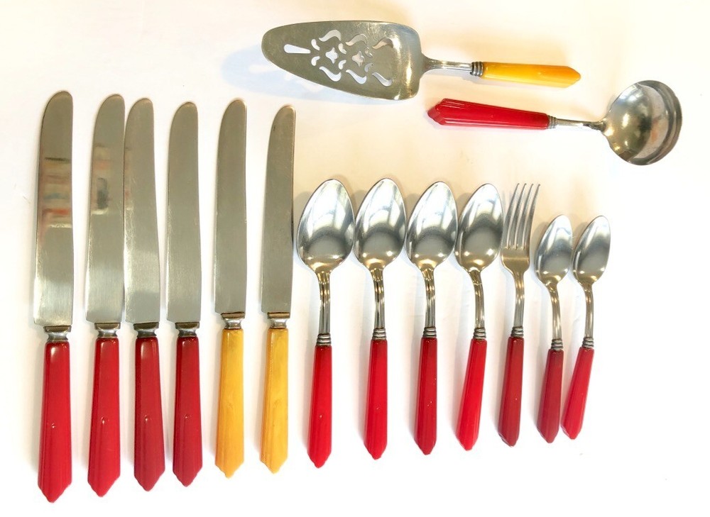 Bakelite Catalin 15 pc Partial Set Multicolor Flatware 1930's #4
