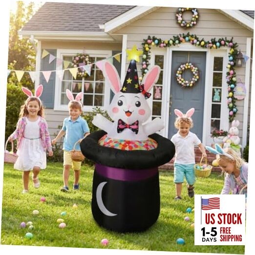 5 Ft Inflatable Easter Bunny in Magic Hat Yard Decoration, Cute Wizard Rabbit