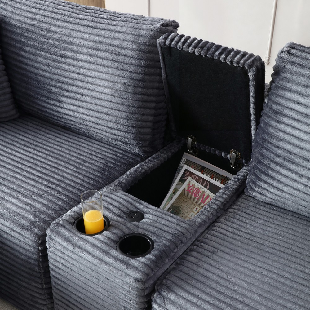 Grey Corduroy Sleeper Sofa Bed, Sectional w/ Storage & USB, No Assembly