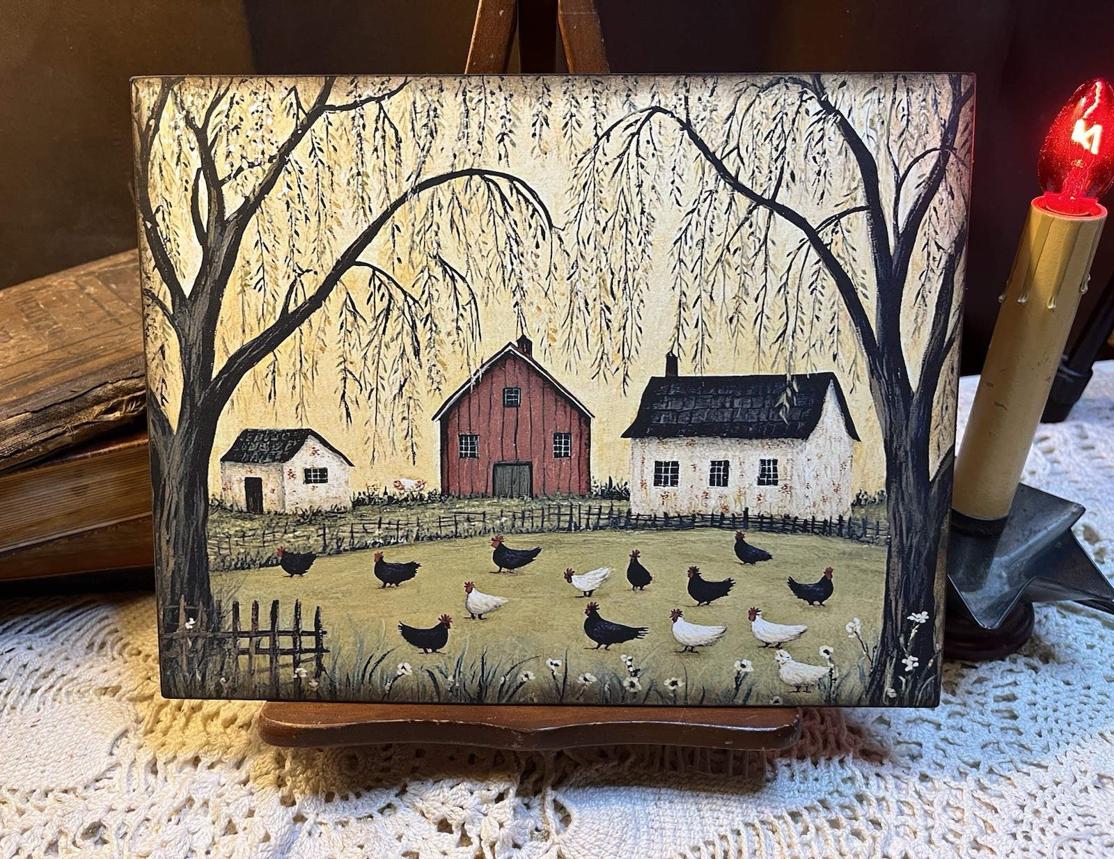 Saltbox Houses, Chickens, Folk Art, Primitive Handcrafted Plaque / Sign