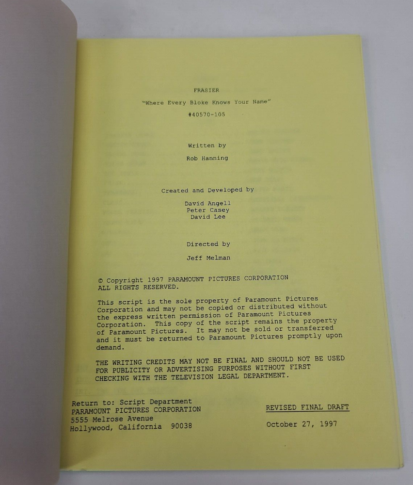 FRASIER / Rob Hanning 1997 TV Script, "Where Every Bloke Knows Your Name"