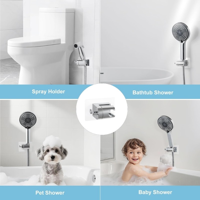 Bathroom Organizer Adjustable Shower Holder with 2 Hooks Strong Load Capacity