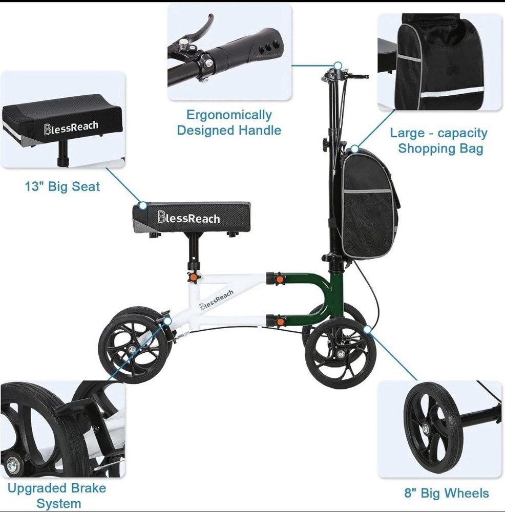 Blessreach Knee Scooter, Steerable, Foldable, Green, With Front Storage