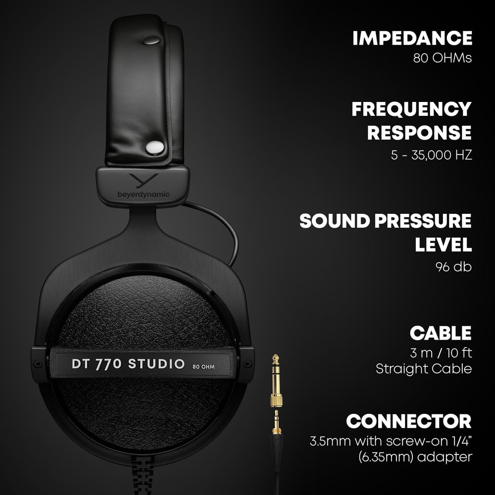 DT 770 Studio, 80 Ohm, Closed Back, over Ear, Wired Professional Studio Headphon