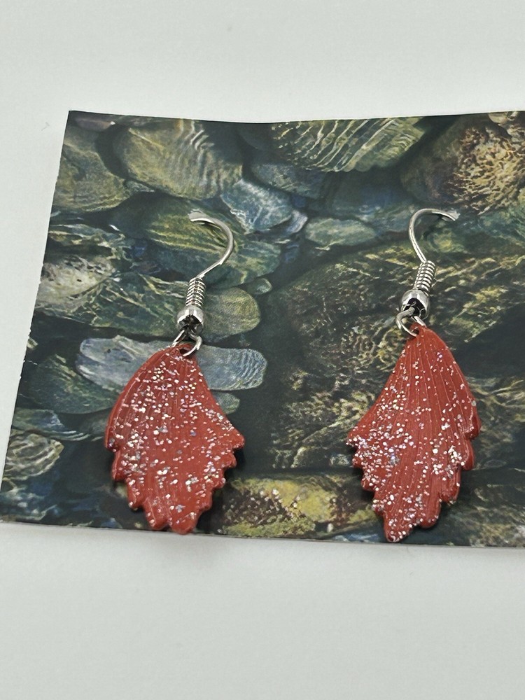 Handmade Dangle Earrings Womens Leaf Shape Curved Orange Glitter Hook