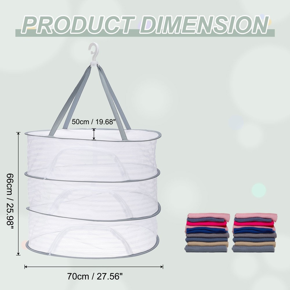 28" Herb Drying Rack Hanging 3 Layer Hanging Mesh Net with Zipper, Grey