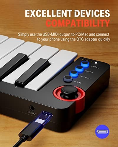 25-Key Mini MIDI Keyboard Controller for Beginners - Velocity-Sensitive Keys, Li