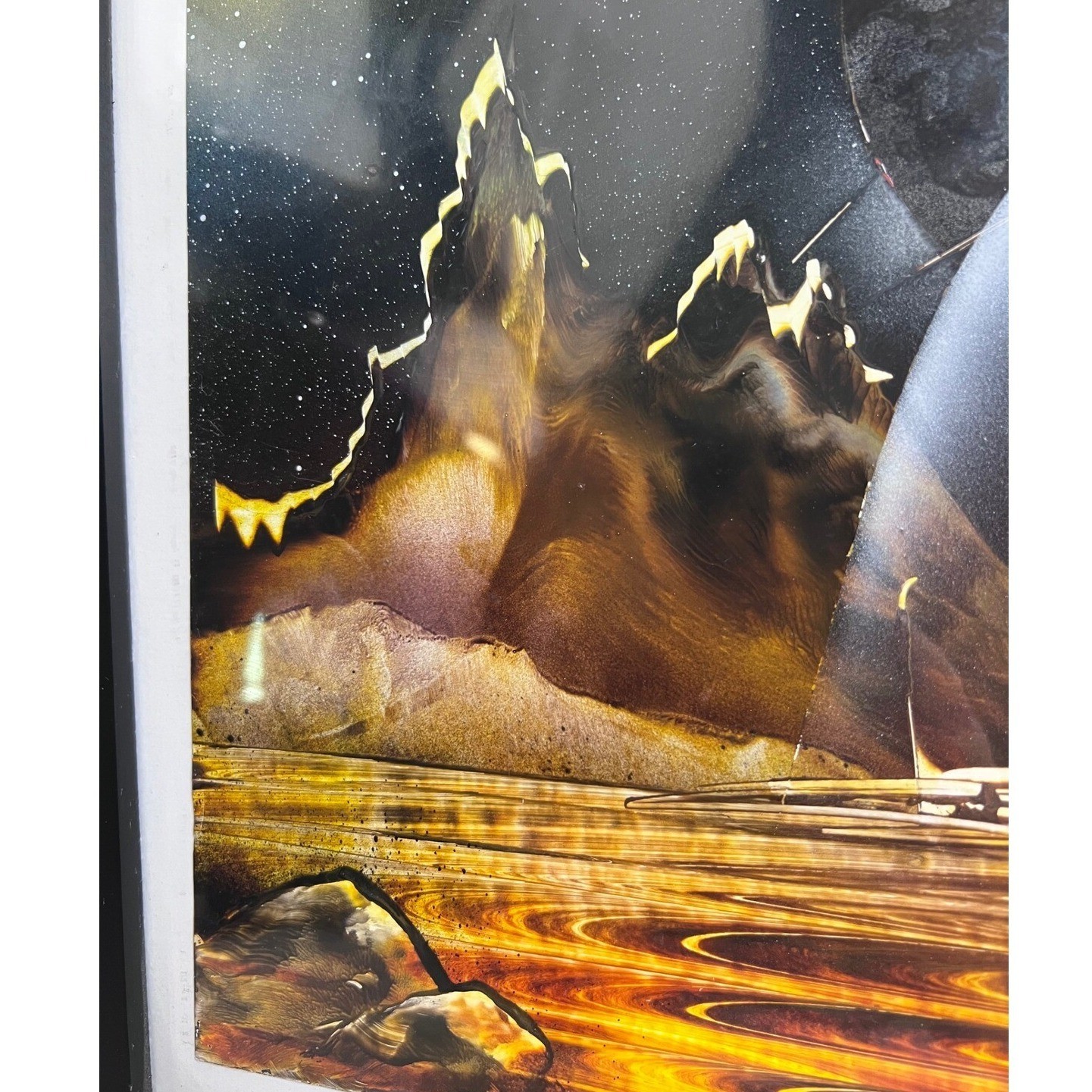 Vintage Fantasy Landscape Planets Sci-Fi Spray Paint Signed Framed Art Painting