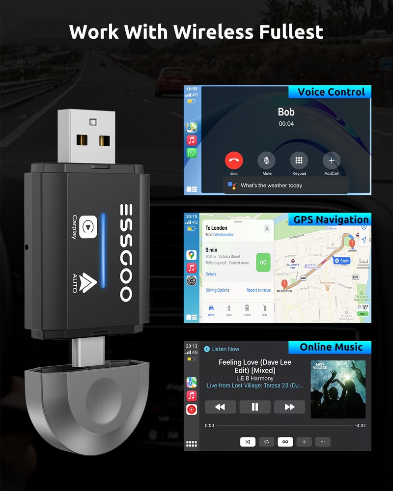 Plug&Play USB Wireless Adapter For Apple CarPlay Android Auto Wireless Dongle US