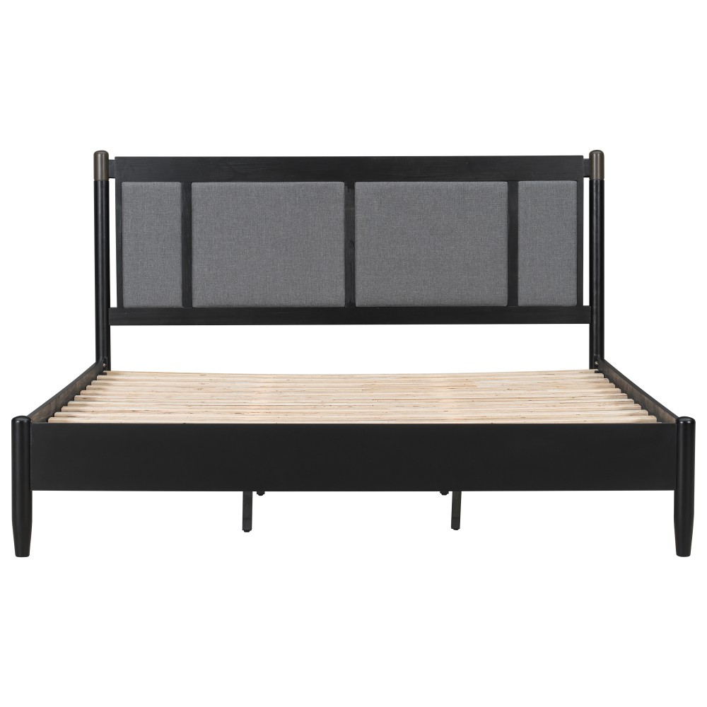 Solid Wood King Bed Frame w/ Upholstered Headboard, 600lb Support, Black