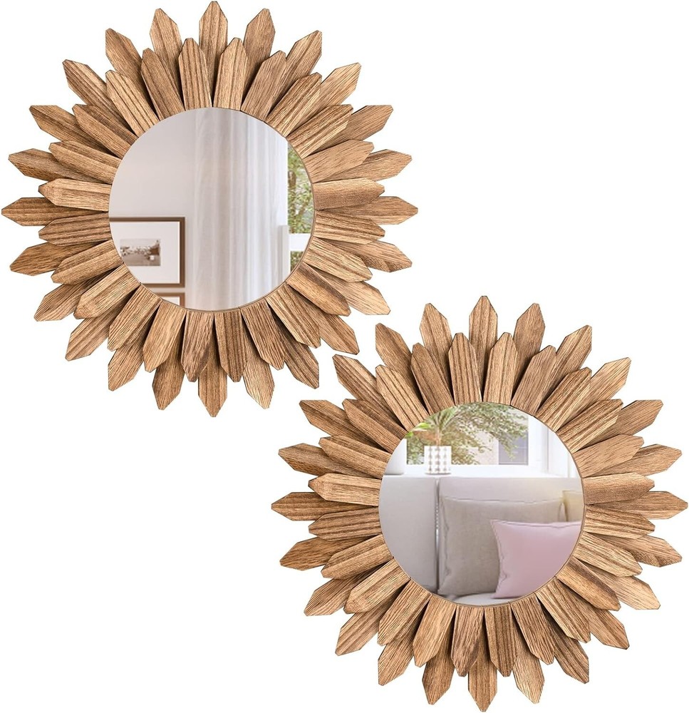 Boho Wall Decor Mirror 2 Pack Rustic Wood Mirror 12 inch Boho Mirror