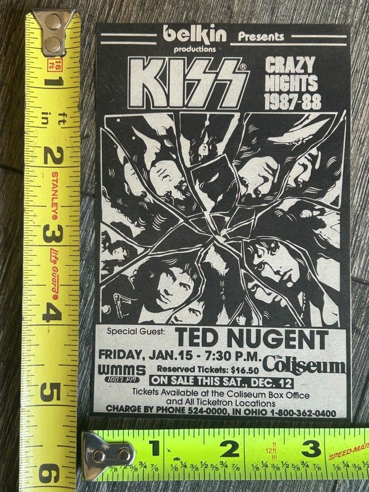 KISS Concert Ad Advert Crazy Nights Tour Richfield Ohio Jan 15 1988 Vintage Kiss