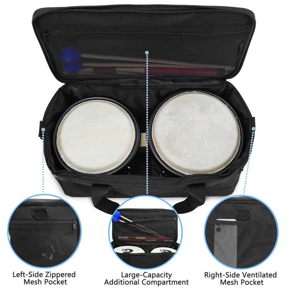 Bongo Drum Bag — Standard Size — 3 Extra Pockets for Accessories, Removable P...