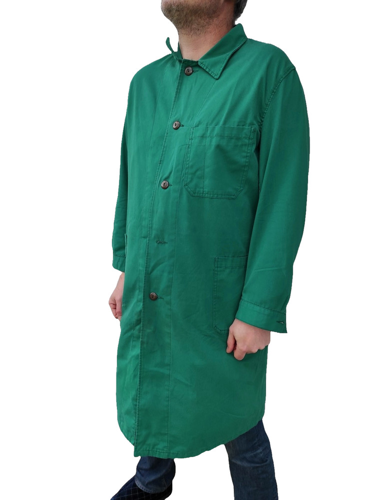 Vintage Austrian Army green long work coat duster jacket chore worker workwear