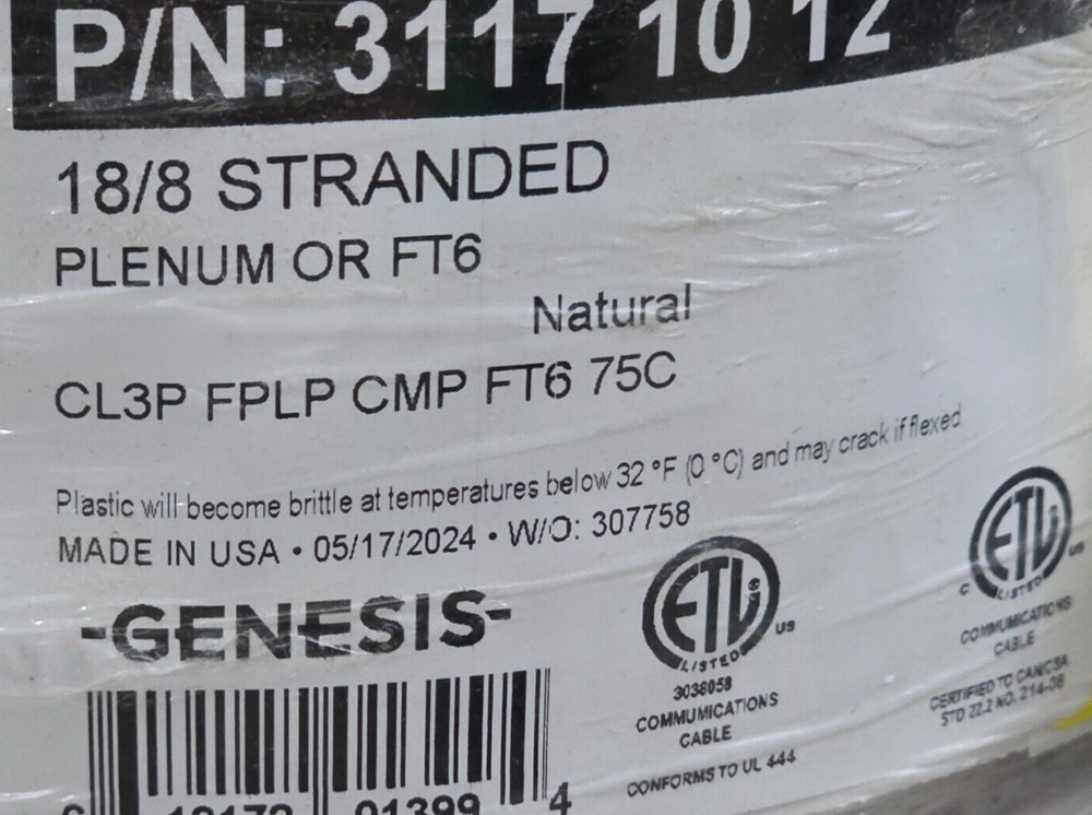 Southwire Genesis 3117 18/8C Plenum Stranded Security/Control Cable White /50ft