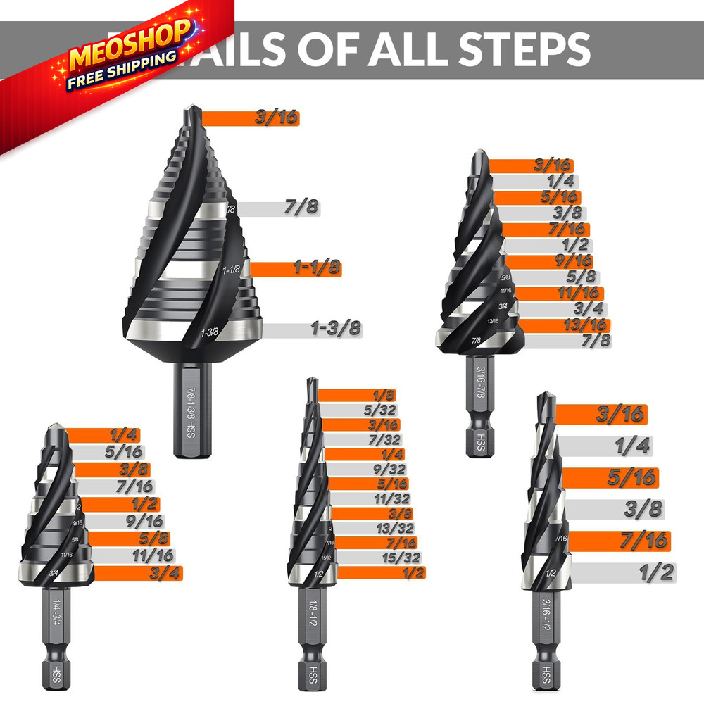 THINKWORK Four Spiral Flute Step Drill Bit Set, 5 Pcs HSS 5 Piece